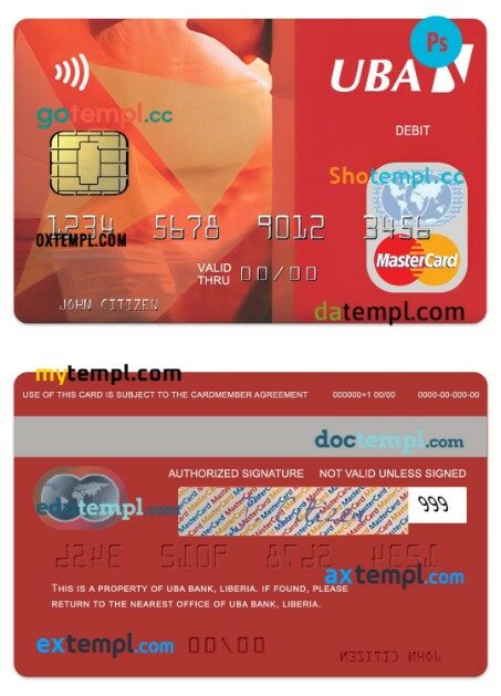 Liberia UBA Bank debit mastercard template in PSD format