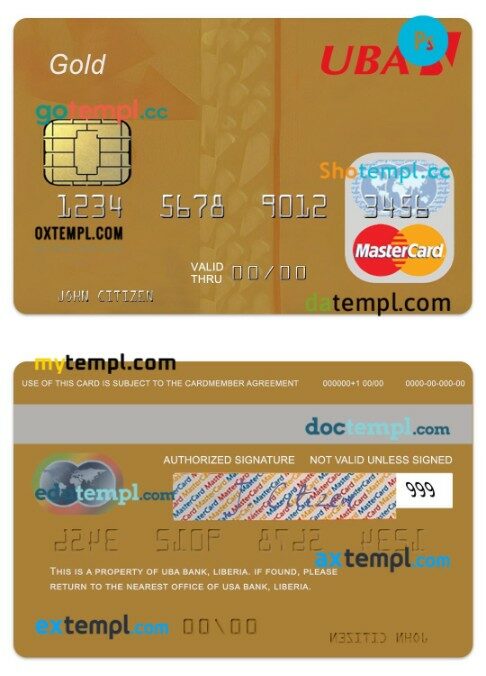 Liberia UBA Bank gold debit mastercard template in PSD format