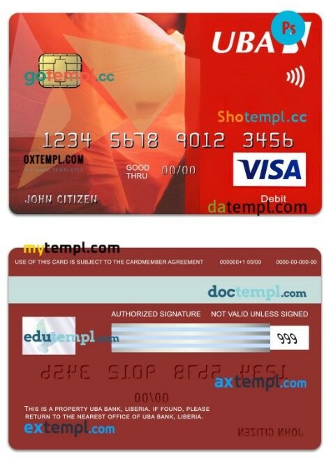 Liberia UBA Bank visa classic debit card template in PSD format