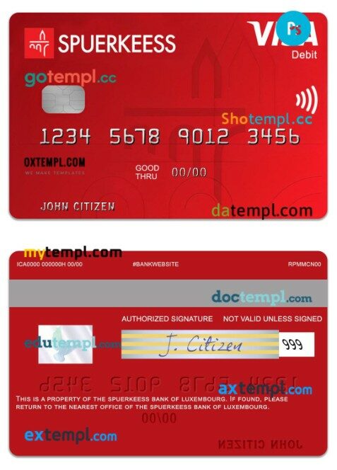 Luxembourg The Spuerkeess Bank visa debit card template in PSD format