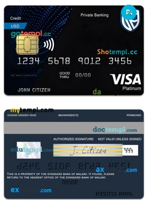 Malawi The Standard Bank platinum debit visa card template in PSD format