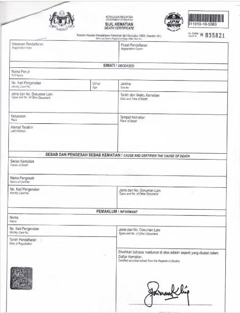 Malaysia Department of health death certificate template in PSD format