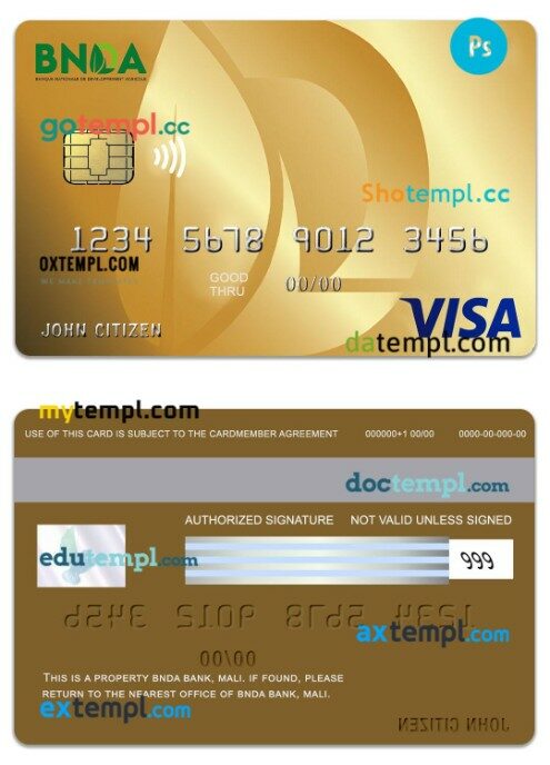 Mali BNDA Bank visa gold card template in PSD format