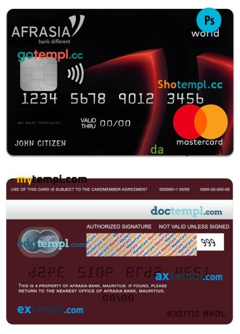Mauritius Afrasia Bank world mastercard template in PSD format