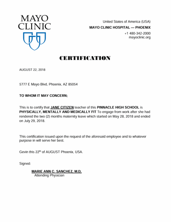 Mayo Clinic - Phoenix certification template in Word and PDF formats
