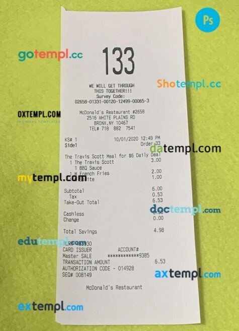 McDonald's restaurant payment check PSD template