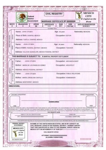 Mexico Civil registry marriage certificate template in PSD format