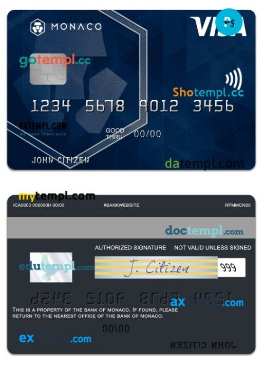 Monaco Bank of Monaco visa debit card template in PSD format