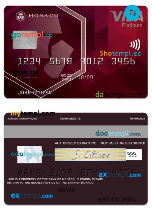Monaco Bank of Monaco visa platinum card template in PSD format