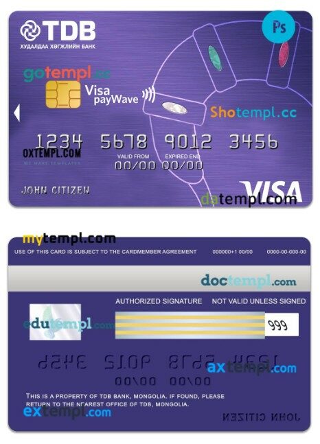 Mongolia TDB Bank visa payWave card template in PSD format