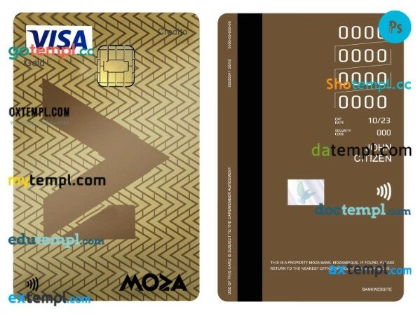 Mozambique Moza Bank visa gold credit vertical card template in PSD format