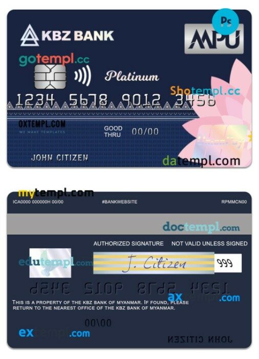 Myanmar KBZ Bank UnionPay platinum credit card template in PSD format