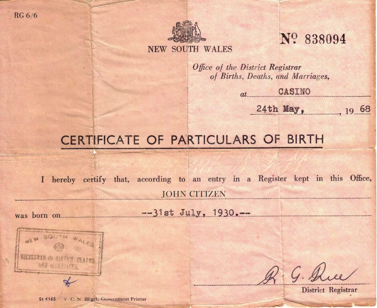 New South Wales Office of the District Registrar birth certificate template in PSD format