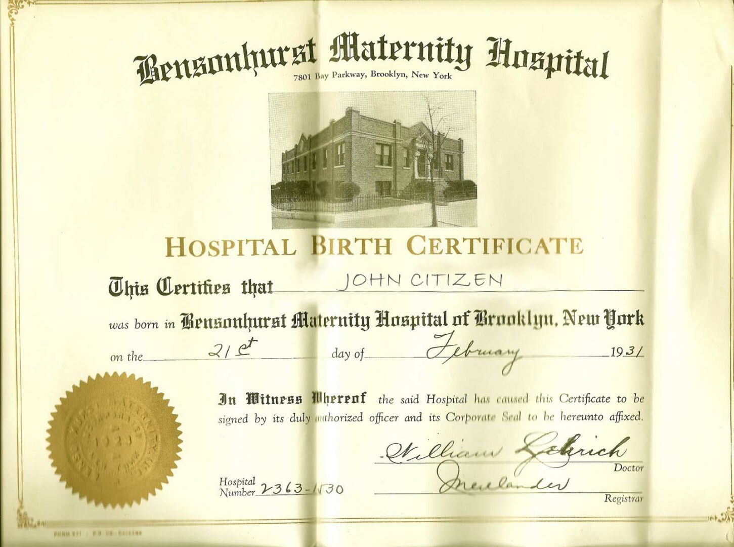 New York Bensonhurst Maternity hospital birth certificate template in PSD format