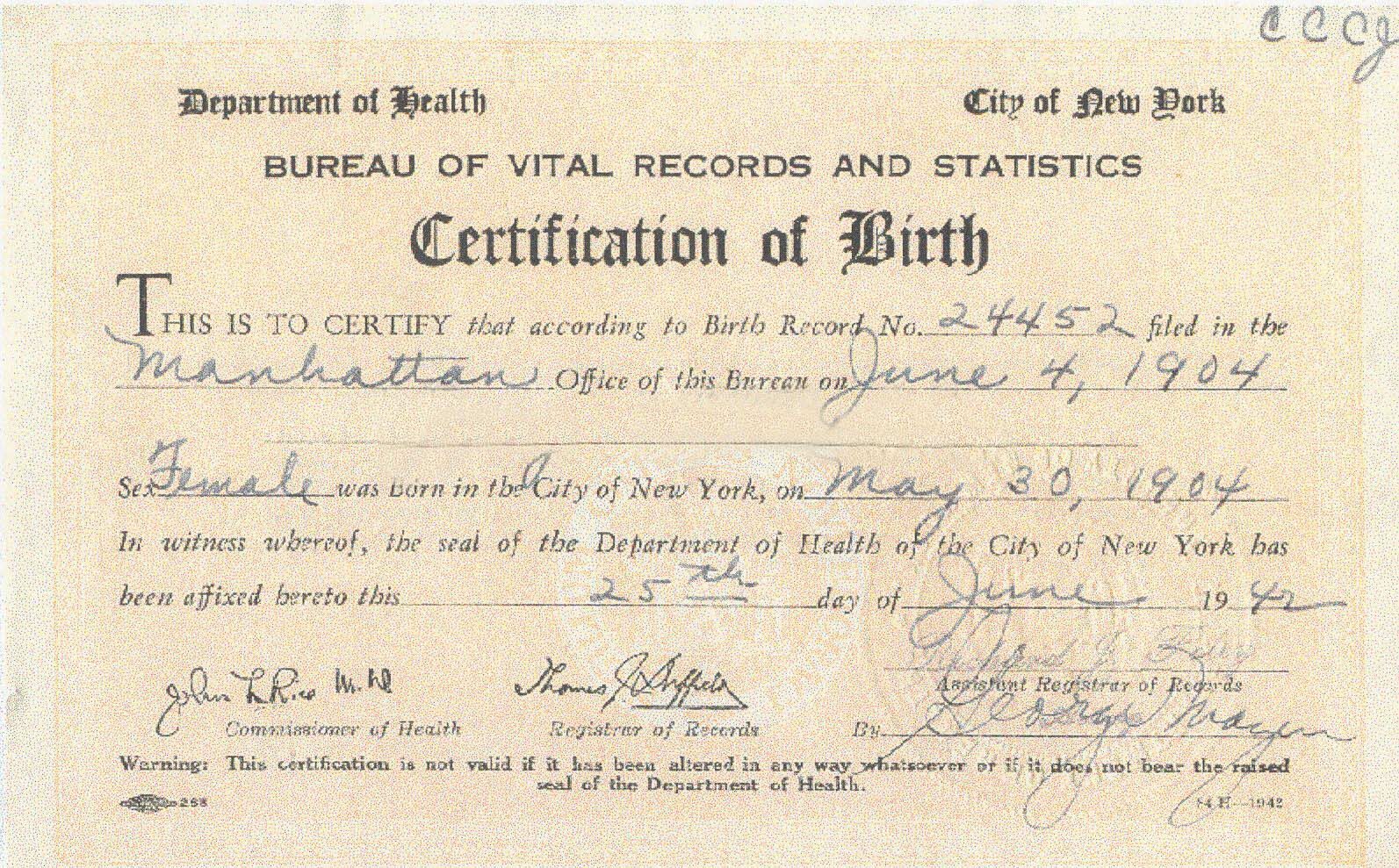 New York Department of Health birth certificate template in PSD format