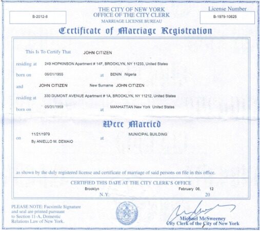 New York Office of the city clerk marriage certificate template in PSD format