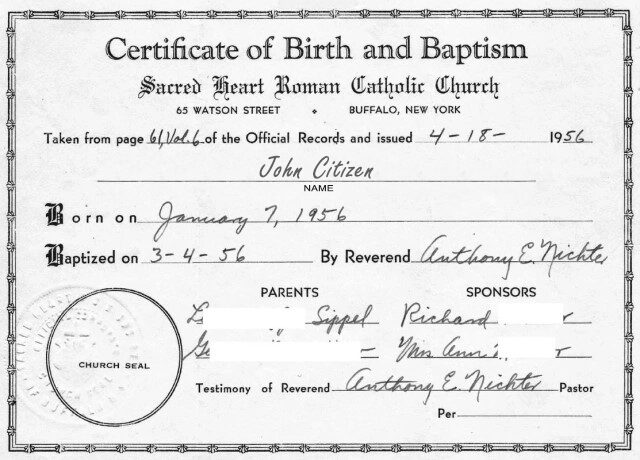 New York Roman Catholic church certificate of birth template in PSD format