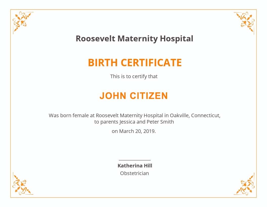 New York Roosvelt Maternity Hospital Birth Certificate template in PSD format