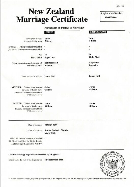 New Zealand Registrar of births, deaths & marriages marriage certificate template in PSD format