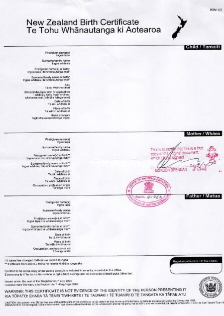 New Zealand Registry office birth certificate template in PSD format