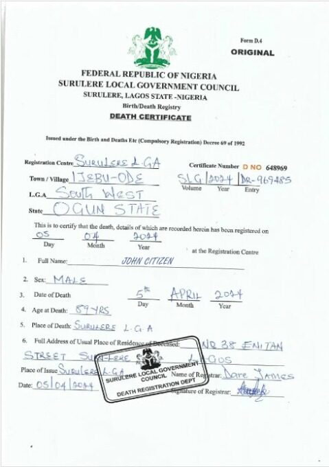Nigeria Sugulere local government council death certificate template in PSD format