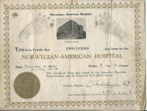 Norway Norwegian-American Hospital Birth Certificate template in PSD format
