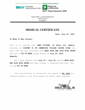Ospedale Papa Giovanni XXIII medical certificate template in Word and PDF formats