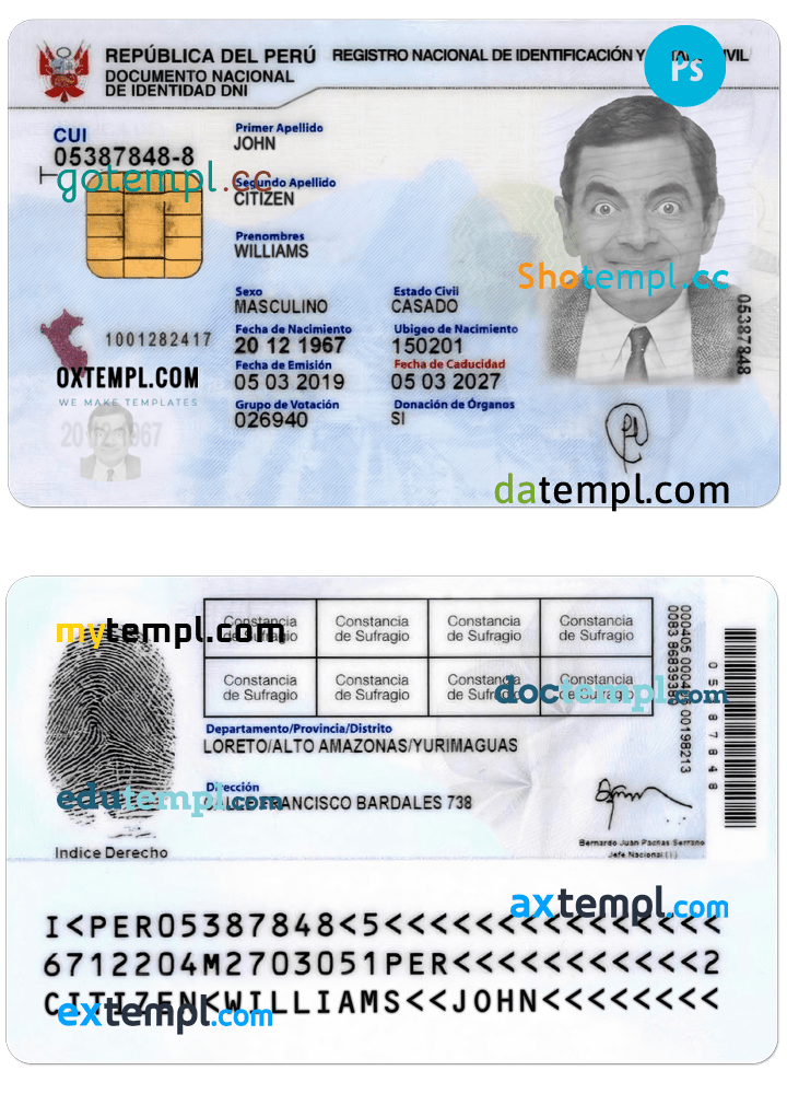 Peruvian id card download PSD example, with fonts