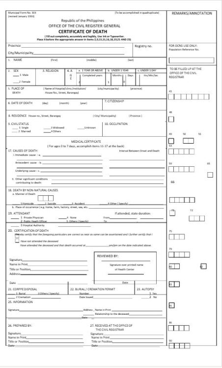 Philippines Office of the civil register general death certificate template in PSD format