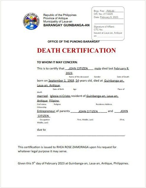 Philippines municipality of Laua-an Office of the Punong Barangay death certificate template in PSD format