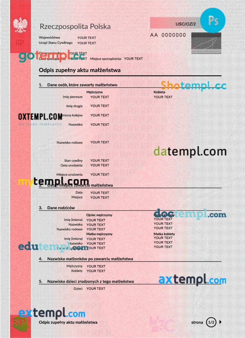 Poland marriage certificate editable PSD example