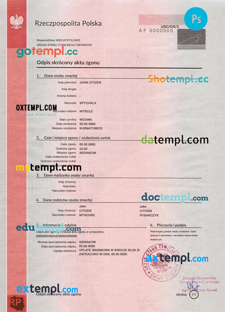 Poland death certificate PSD template