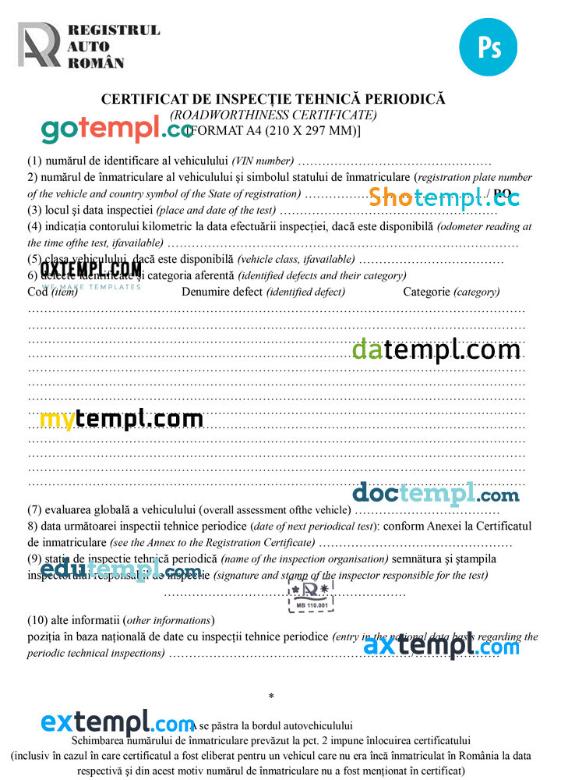 Romania Registrul Auto Român Periodic technical inspection certificate (roadworthiness certificate) Word and PDF template