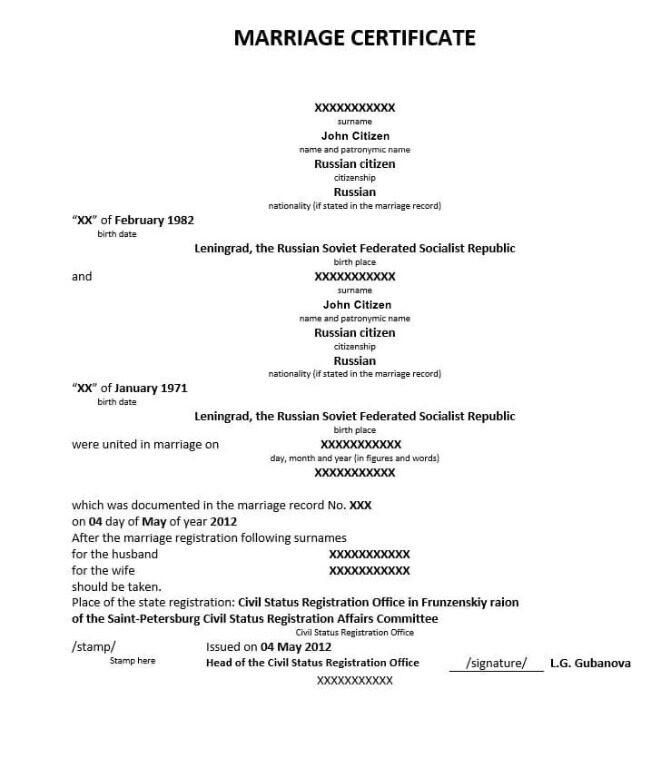 Russia Head of the civil status registration office marriage certificate template in PSD format