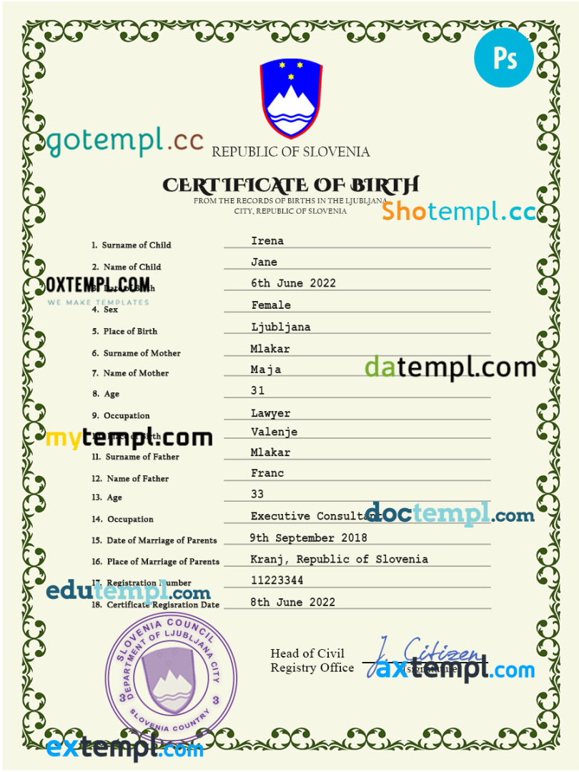 Slovenian birth certificate PSD example, completely editable