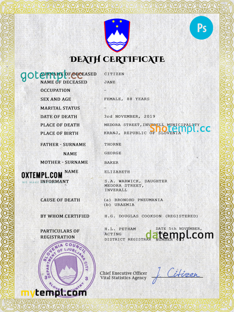 Slovenian death certificate PSD example, completely editable