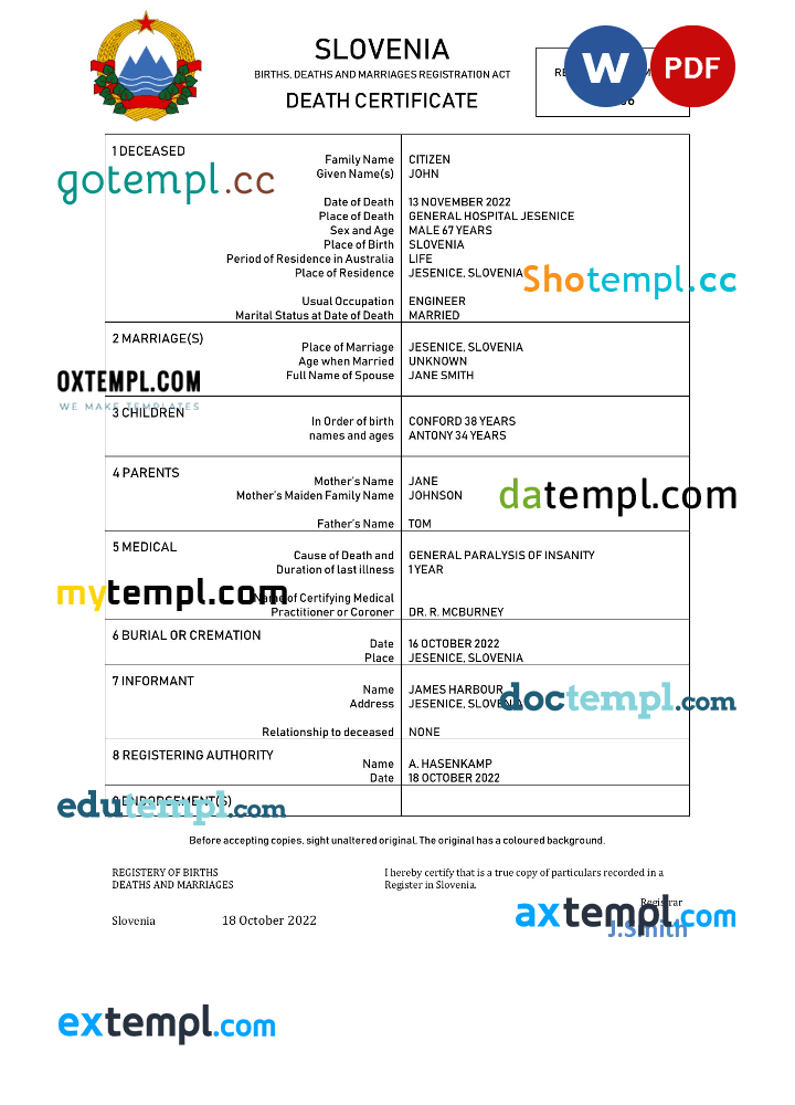 Slovenian vital record download death certificate Word and PDF example