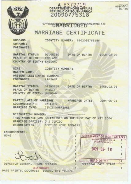 South Africa Department home affairs marriage certificate template in PSD format