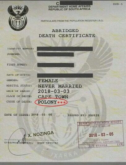South Africa Department of home affairs death certificate template in PSD format