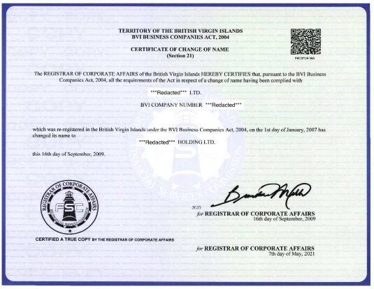 The British Virgin Islands Registrar of corporate affairs name change certificate template in PSD format