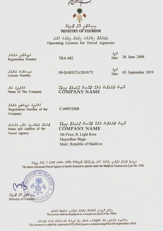 The Maldives operating license for travel agencies PSD template