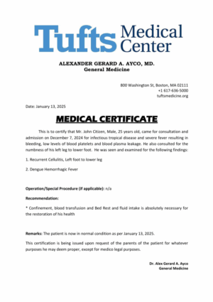 Tufts Medical Center medical certificate template in Word and PDF formats