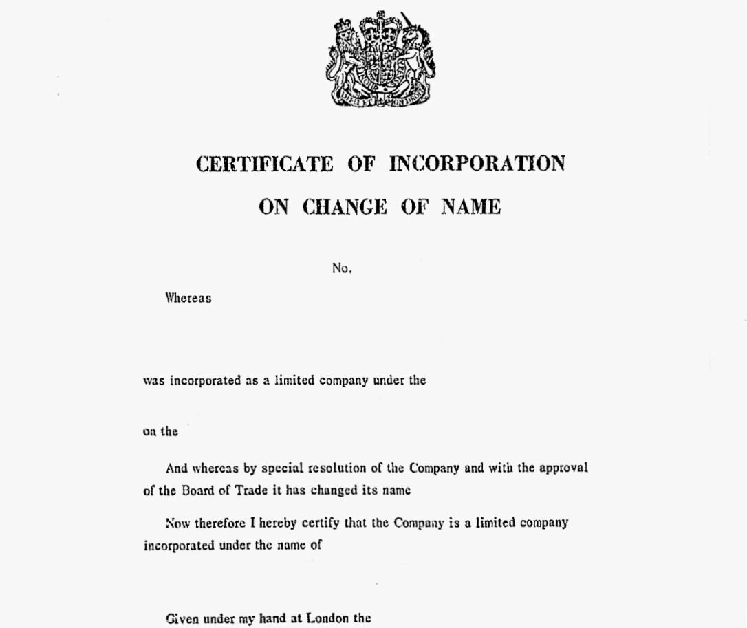 UK certificate of incorporation of change of name template in PSD format