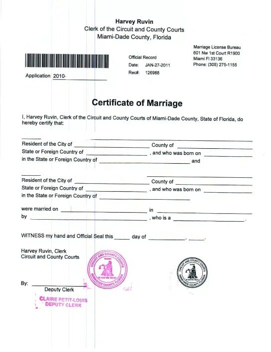 USA Circuit and county courts of Florida marriage certificate template in PSD format
