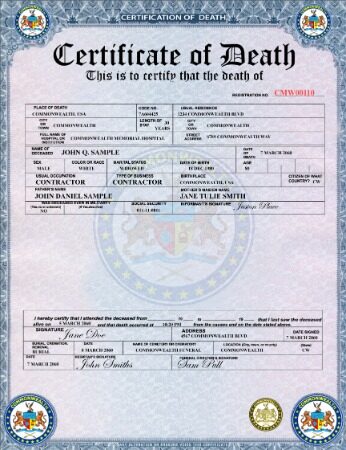USA Commonwealth memorial hospital death certificate template in PSD format