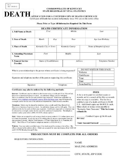 USA Commonwealth of Kentucky death certificate template in PSD format