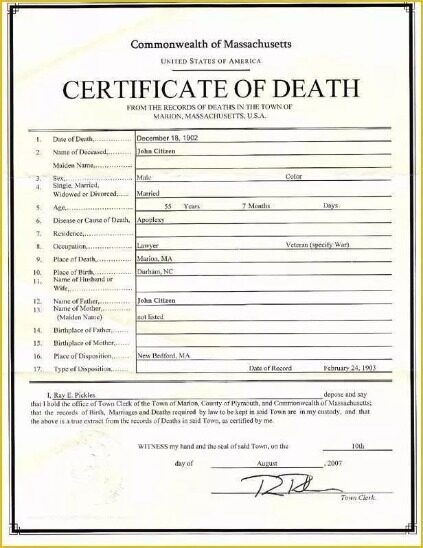 USA Commonwealth of Massachusetts the records of deaths in Marion death certificate template in PSD format