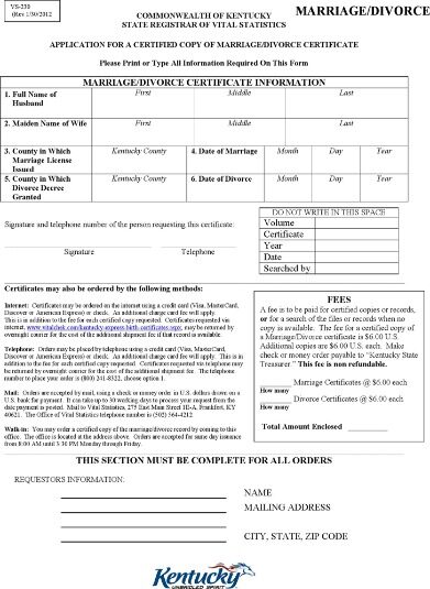 USA Commonwealth of State registrar of vital statistics of Kentucky divorce certificate template in PSD format