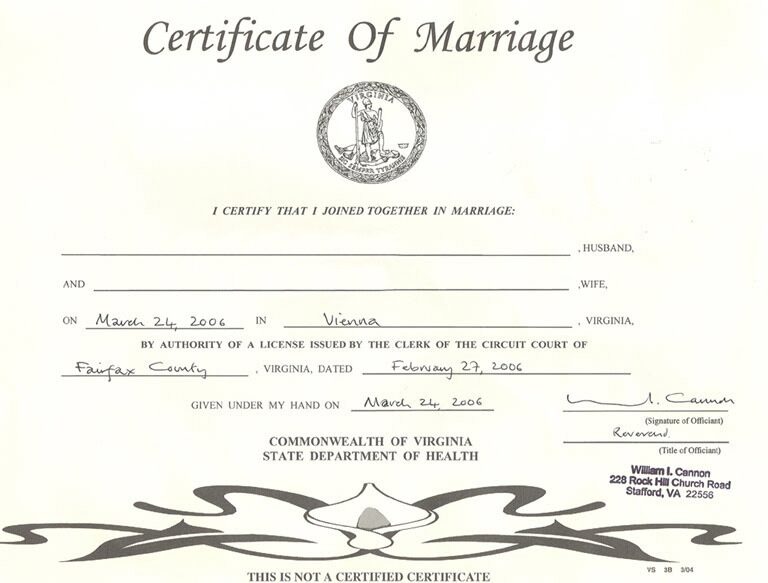 USA Commonwealth of Virginia state department of health marriage certificate template in PSD format