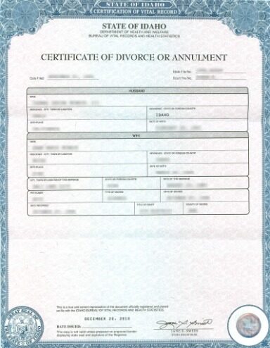USA Department of health and welfare of Idaho divorce certificate template in PSD format